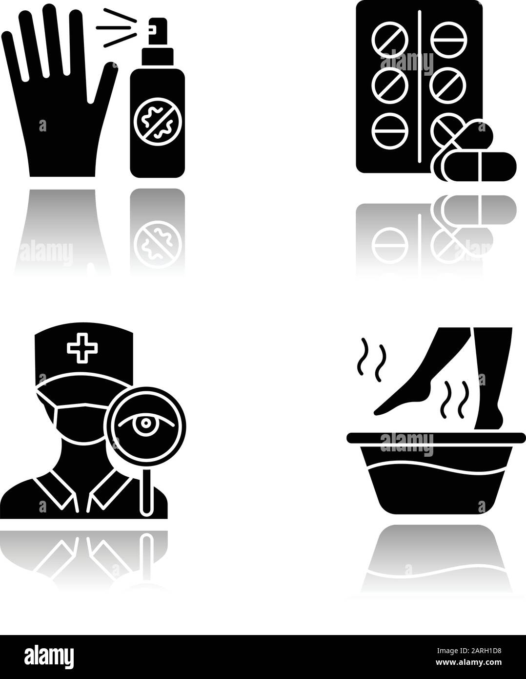 Allgemeine schwarze Glyph-Symbole für Kaltschatten. Antiseptischer Handreiniger. Pillen und Medikamente. Beobachtung durch den Arzt. Klinik- und Krankenhausbesuch. Heißer Fuß Stock Vektor