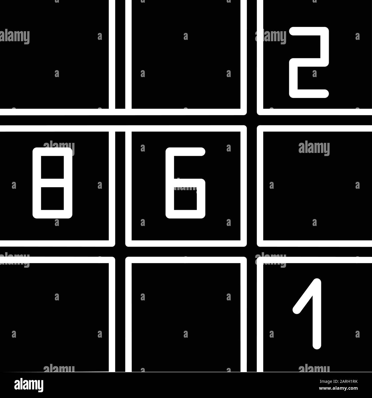 Sudoku Puzzle Glyph-Symbol. Spiel um die Platzierung von Zahlen. Mentale Bewegung. Einfallsreichtum, Intelligenztest. Hirn-Teaser. Problemlösung. Silhouettensymbol. Nega Stock Vektor