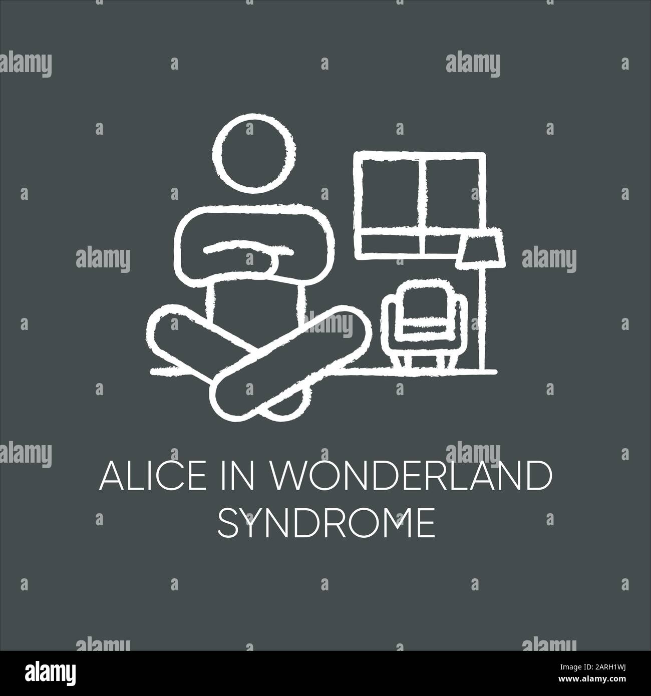 Kreidesymbol für das Alice-in-Wonderland-Syndrom. Visuelle Wahrnehmung. Verzerrung der Größe. Dysmetropsie. Sehbehinderung und Orientierungslosigkeit. Seltene psychische Störung. ICH Stock Vektor