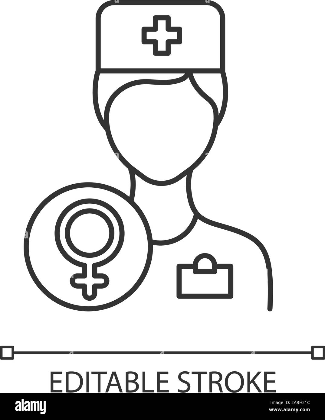 Gynäkologe Beratung lineares Symbol. Weibliche Gesundheitsuntersuchung. Kliniktermin. Pränatale Gesundheitshilfe. Dünne Linie. Kontursymbol. Stock Vektor