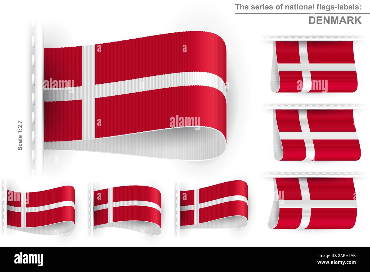 Nationalflaggen Dänemarks; Aufgenähter Aufkleber mit Bekleidungsaufkleber von der Flagge des Königreichs Dänemark; Symbol des nationalen patriotischen Stolzes in dänemark Stock Vektor