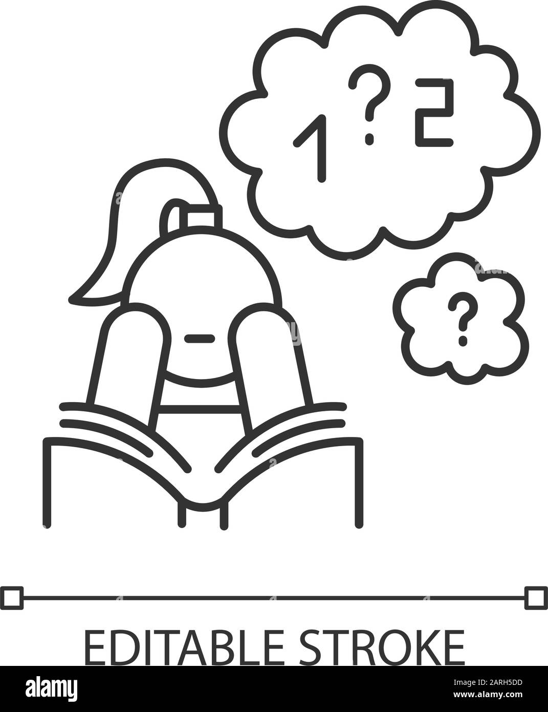 Lineares Symbol für schlechte Konzentration. Mathematische Problemlösung. Untersuchung der Algebra. Wandernder Fokus. Langweilig gelesen. Dünne Linie. Kontursymbol. Vektor i. Stock Vektor