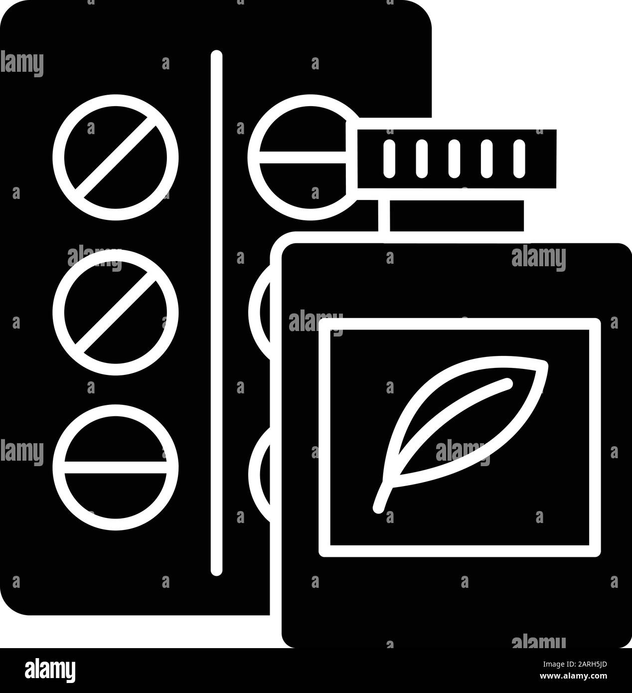 Glyph-Ikone der Pflanzenmedizin. Organische Chemie. Pharmazeutische Produkte. Medizinische Chemie. Organische Verbindungen gegen Krankheiten. Silhouettensymbol. N Stock Vektor