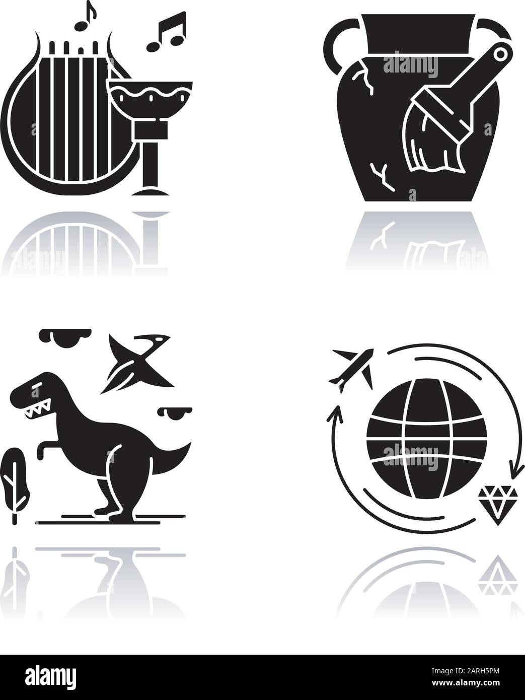 Archäologische Schlagschatten schwarze Glyphe Symbole gesetzt. Alte Kultur. Lyre und Goblet. Amphora-Wiederherstellung. Dinosaurier. Prähistorische Tiere. Schatzsuche. Hi Stock Vektor