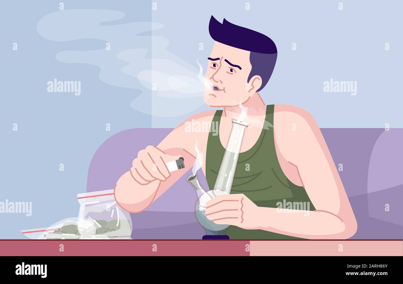 Vektor-Darstellung des Unkrautrauchers. Cannabissucht. Narcomania. Auswirkungen auf die Psychologie. Menschliche Schwäche. Erwachsener kaukasier rauchender Marihuana-Witz Stock Vektor