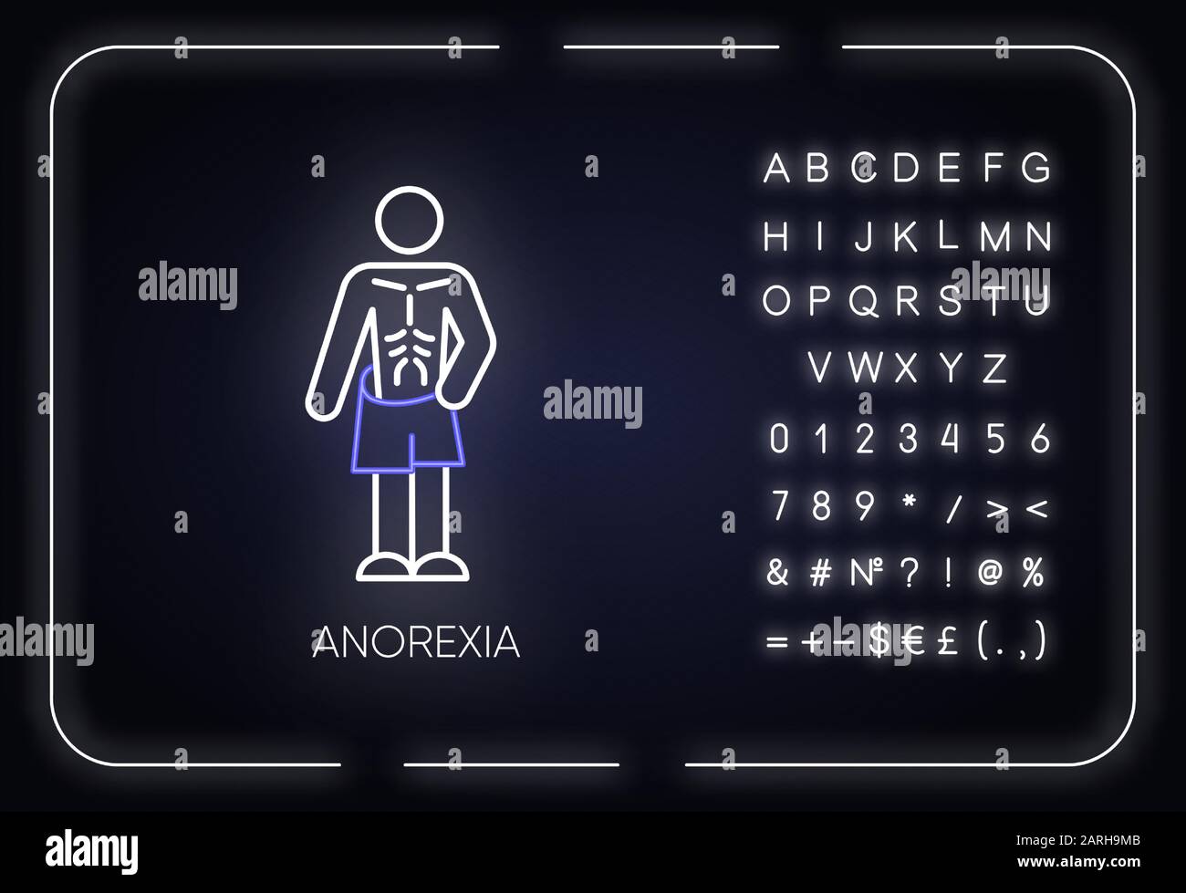 Symbol für Neonlicht aus Magersucht. Essstörung. Untergewichtige Karosserie. Schlanker und schlanker Mensch. Ungesunder Gewichtsverlust. Psychische Gesundheit. Leuchtendes Zeichen mit Alphabet, Stock Vektor