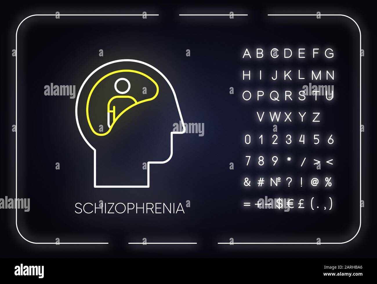 Symbol für schizophrene Neonbeleuchtung. Unklares Denken. Verwirrter Verstand. Psychische Störung. Paranoia und Angst. Ungewöhnliches Verhalten. Leuchtendes Zeichen mit Alphabet, Stock Vektor