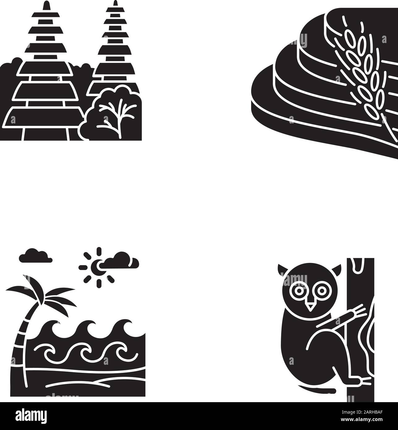 Indonesien Glyphe Symbole gesetzt. Tropische Tiere. Urlaub in Indonesien. Exotische Wildtiere entdecken. Einzigartige Flora und Fauna. Sehenswürdigkeiten und Architektur von Bali. Stock Vektor