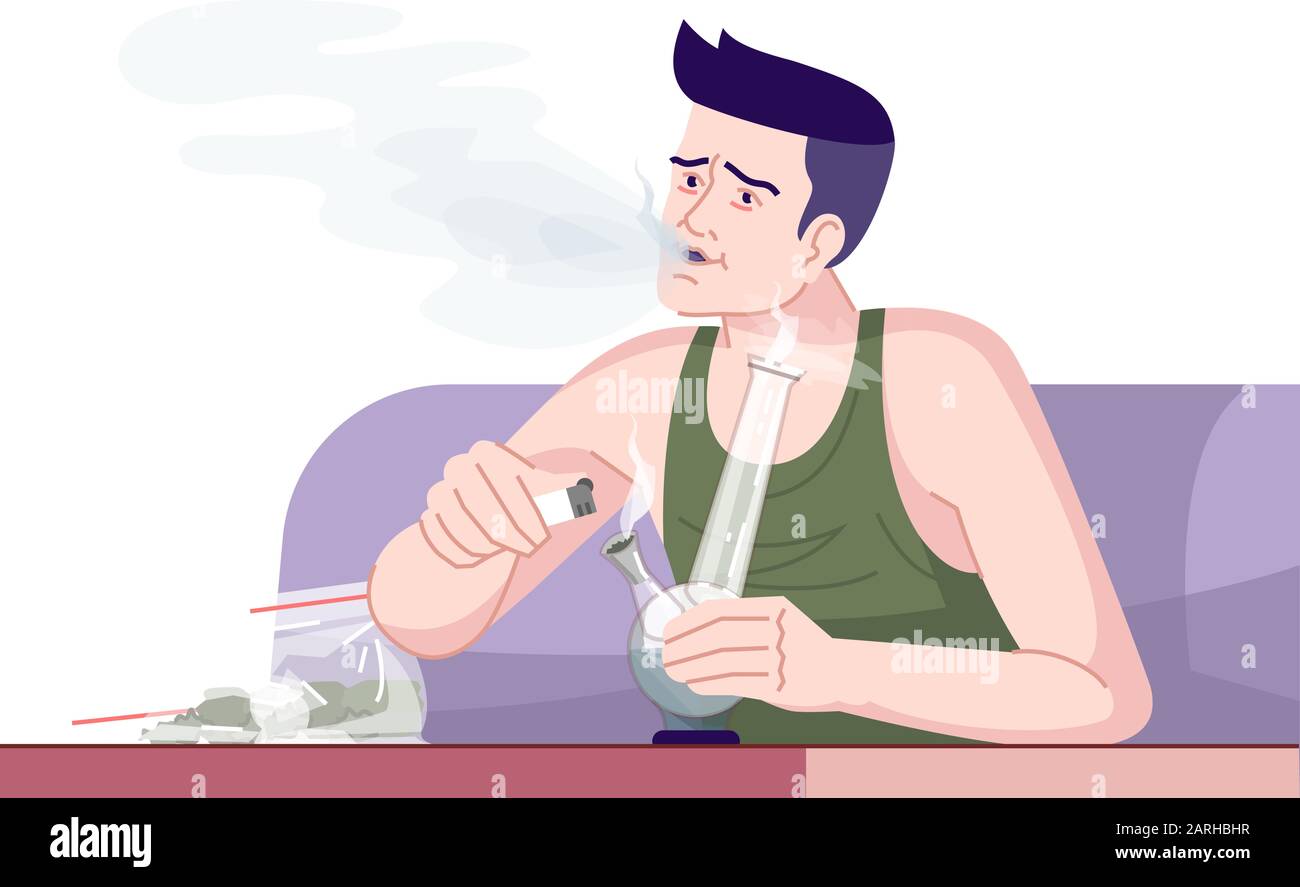 Cannabissucht - flache Farbvektorillustration. Rauchen von psychotropen Substanzen. Narcomania. Junger kaukasischer Mann raucht Unkraut mit bong isolierter Ca Stock Vektor