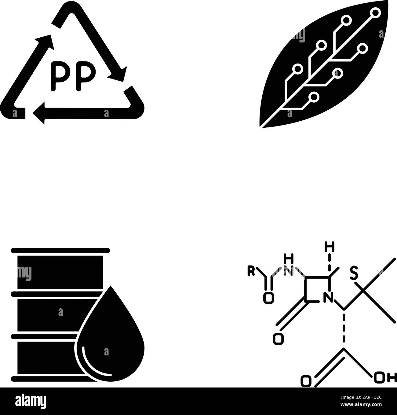 Symbole für Wissenschaft und Natur. Biotechnologie- und Nanotechnologieprodukte. Recycling-Materialien. Arbeiten im Labor. Mikrobiologische Wissenschaftler. Si Stock Vektor