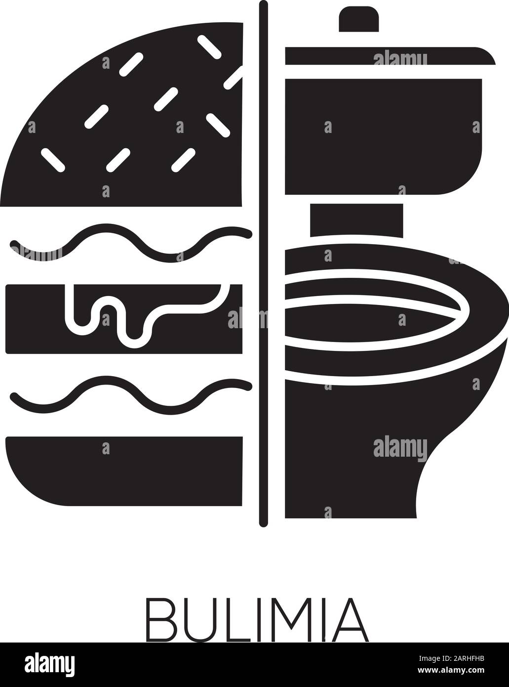 Symbol für die Glyphe der Bulimie. Essstörung. Erbrechen Essen im Bad. Ungesunder Hunger. Binsenessen vom Stress. Psychische Störung. Silhouettensymbol. Negati Stock Vektor