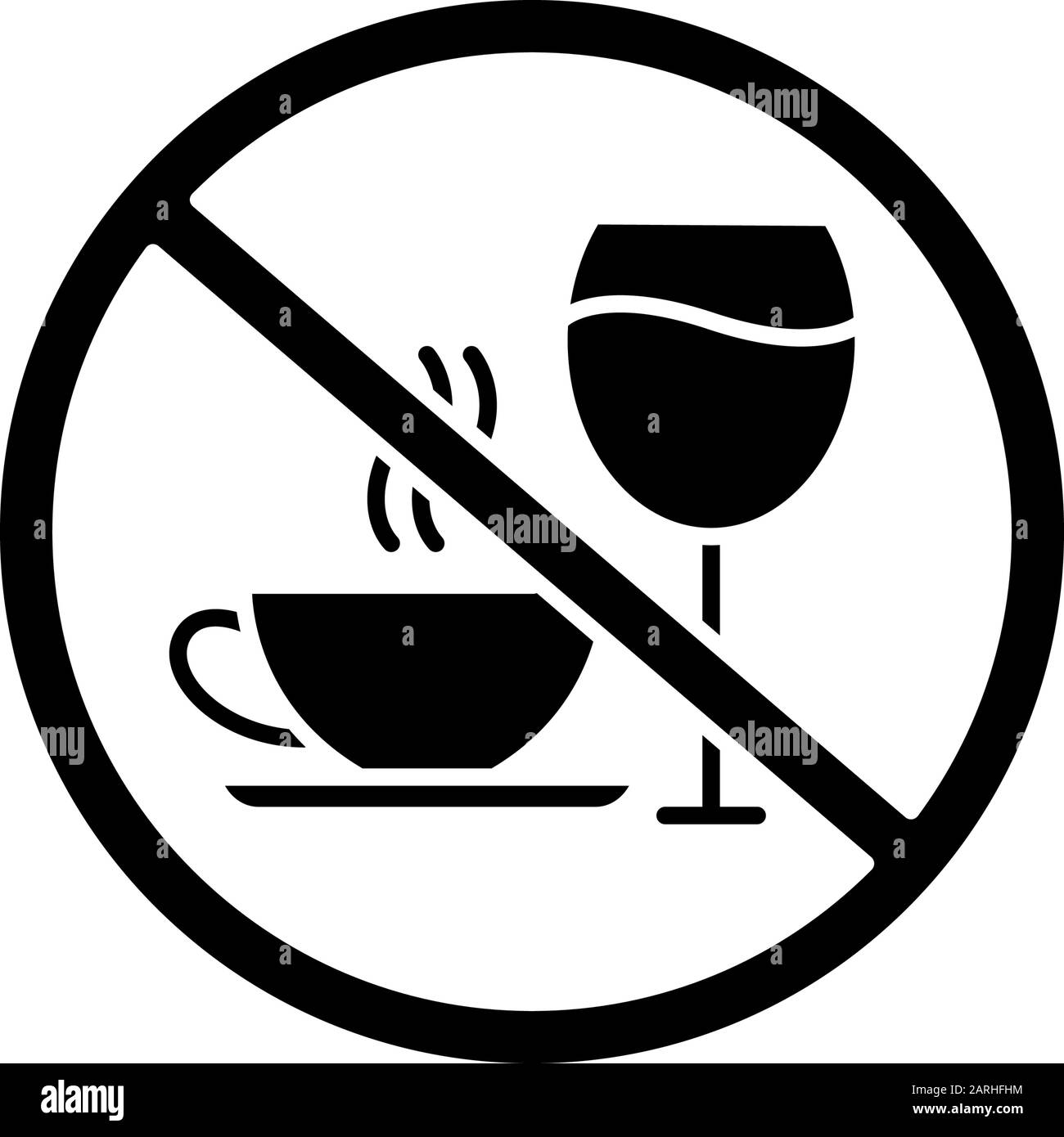 Glyph-Symbol für Koffein und Alkoholverweigerung. Leugnen Sie Wein und Kaffee. Stoppschild mit Getränken. Angst und Schlaflosigkeit Prävention. Silhouettensymbol. Negativ Stock Vektor