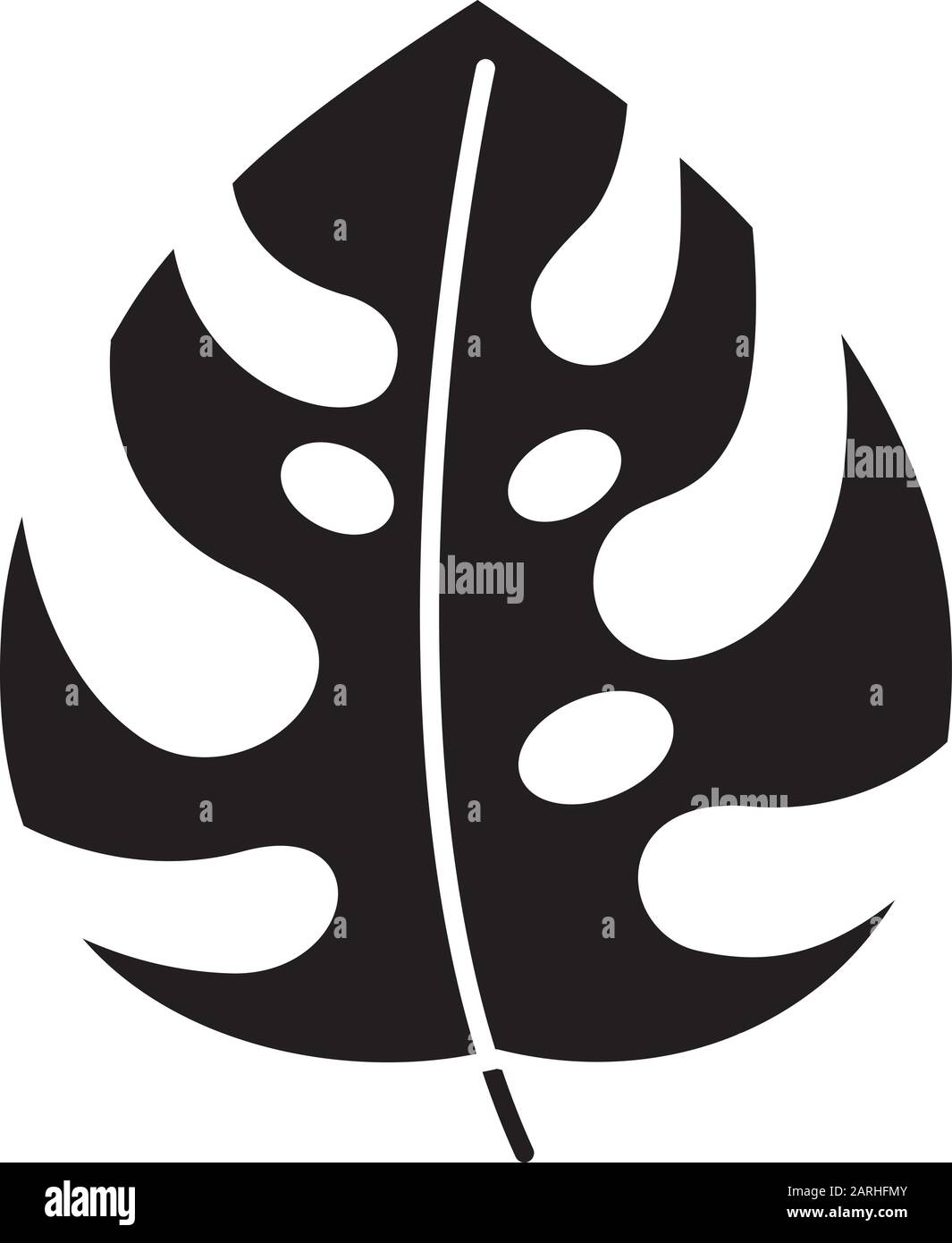 Symbol für Monstera-Lamellenglyphe. Immergrüne Waldreben. Schweizer Käserei. Indonesisches Dschungel-Palmblatt. Entdecken Sie die Natur Balis. Silhouettensymbol. Negativ Stock Vektor