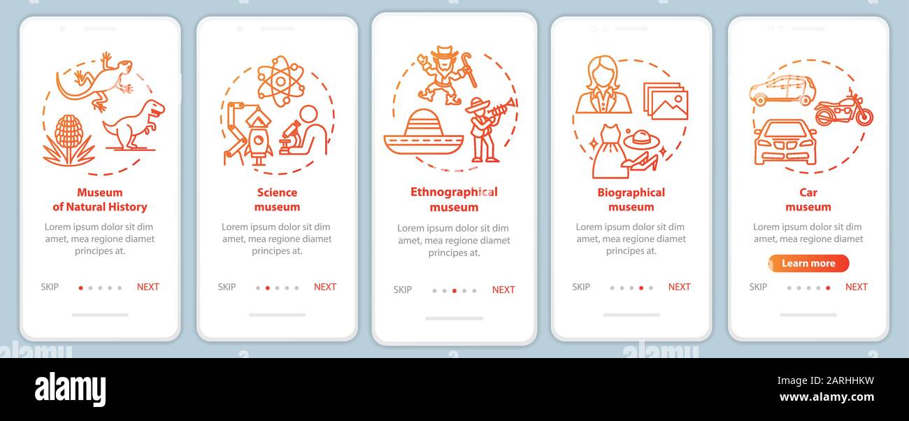 Ausstellung und Museum Onboarding Mobile App Seite Vector Vorlage. Naturgeschichte. Schritte der Website mit linearen Abbildungen durchgehen. UX, UI, Stock Vektor