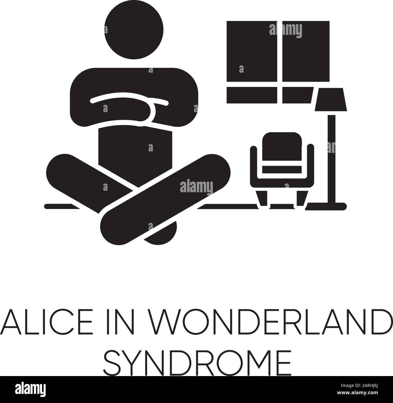 Glyph-Ikone des Alice-in-Wunderland-Syndroms. Visuelle Wahrnehmung. Verzerrung der Größe. Dysmetropsie, Orientierungslosigkeit. Seltene psychische Störung. Silhouettensymbol. Ne Stock Vektor
