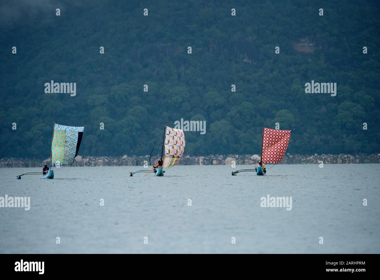 Lokale Fischerboote, Senanayake Samudraya, Gal Oya Dam, Sri Lanka Stockfoto