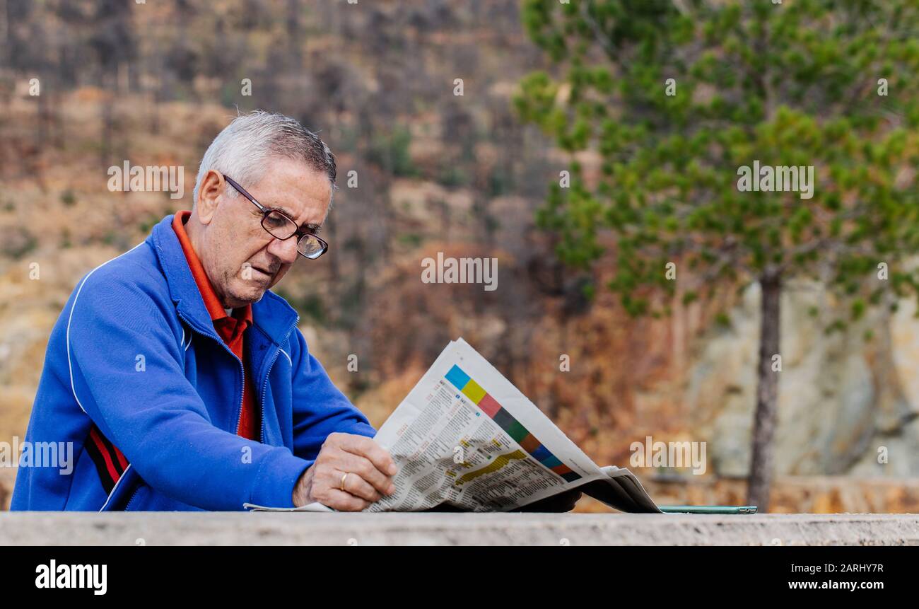 Alter Mann mit Brille liest Zeitung im Park mit Wald im Hintergrund Stockfoto