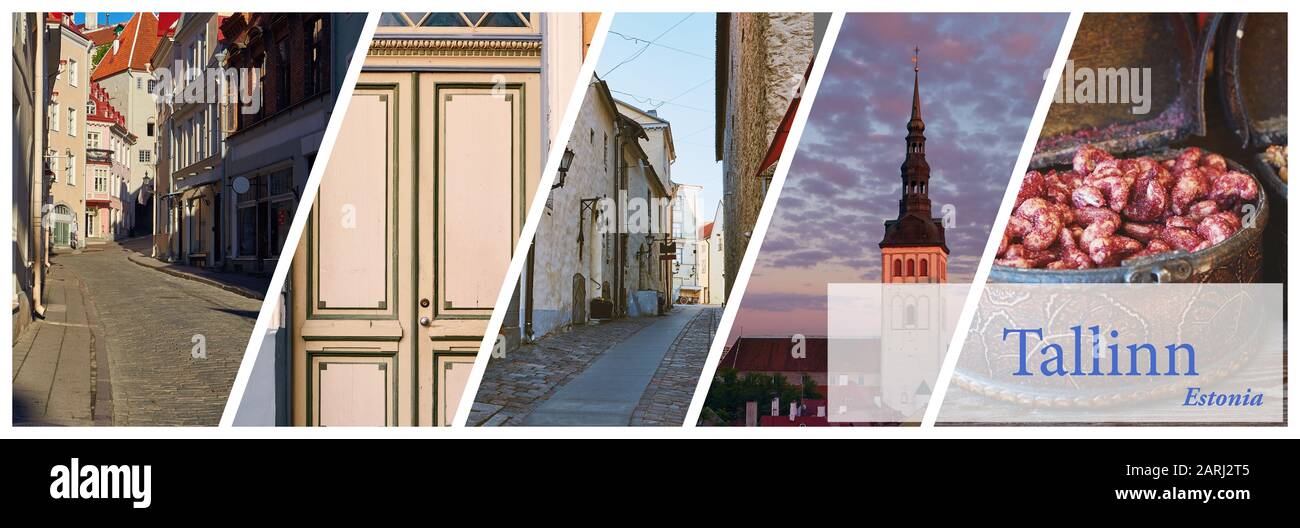 Werbematerial für Reiseartikel für den Besuch in Tallinn, Estland mit 5 Bildern. Stockfoto