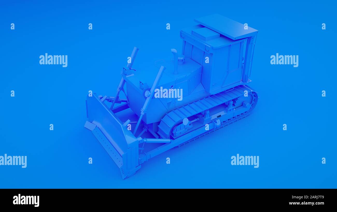 Blauer Bulldozer. Minimales Ideenkonzept. 3D-Abbildung. Stockfoto