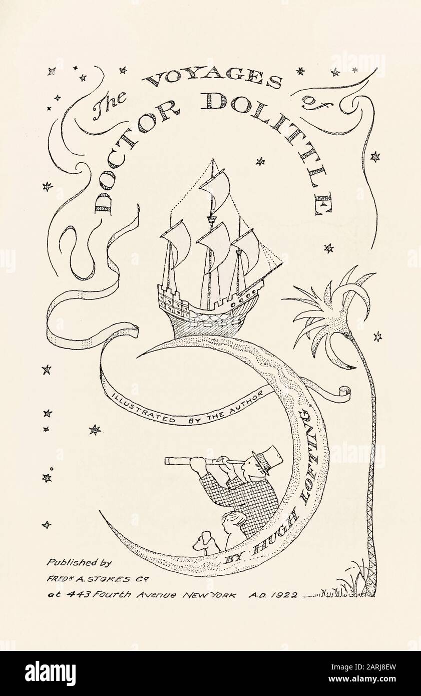 Titelseite von The Voyages of Doctor Dolittle (1922) geschrieben und illustriert von Hugh Lofting (1886-1947). Weitere Informationen finden Sie weiter unten. Stockfoto