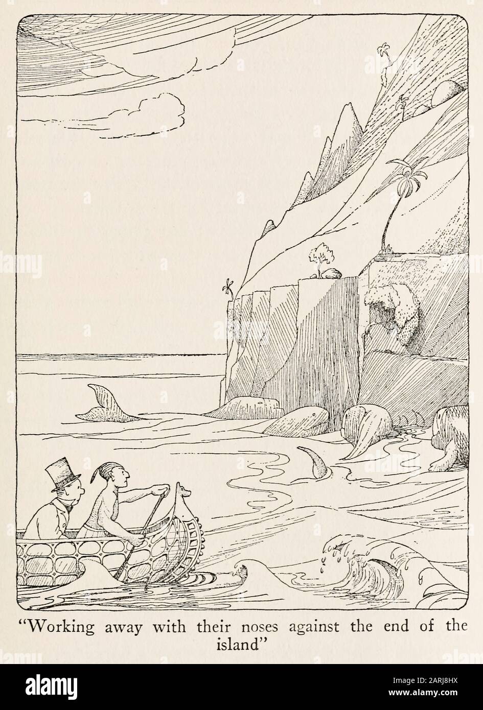 "Arbeiten mit ihren Nasen gegen das Ende der Insel" Illustration von The Voyages of Doctor Dolittle (1922) geschrieben und illustriert von Hugh Lofting (1886-1947). Der zweite Roman über einen Arzt, der mit Tieren sprechen kann. Weitere Informationen finden Sie weiter unten. Stockfoto