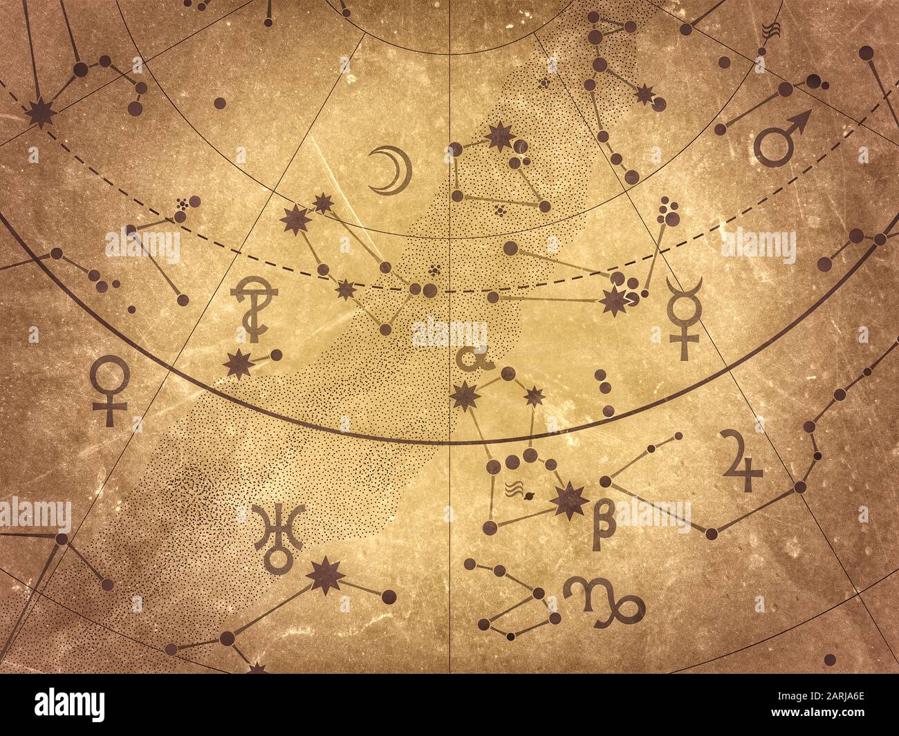 Fragment des astronomischen Himmelsatlas: Sterne, Planeten, Himmel. (Alternative Grunge Vintage Remake: Antique Selenium Version). Stockfoto