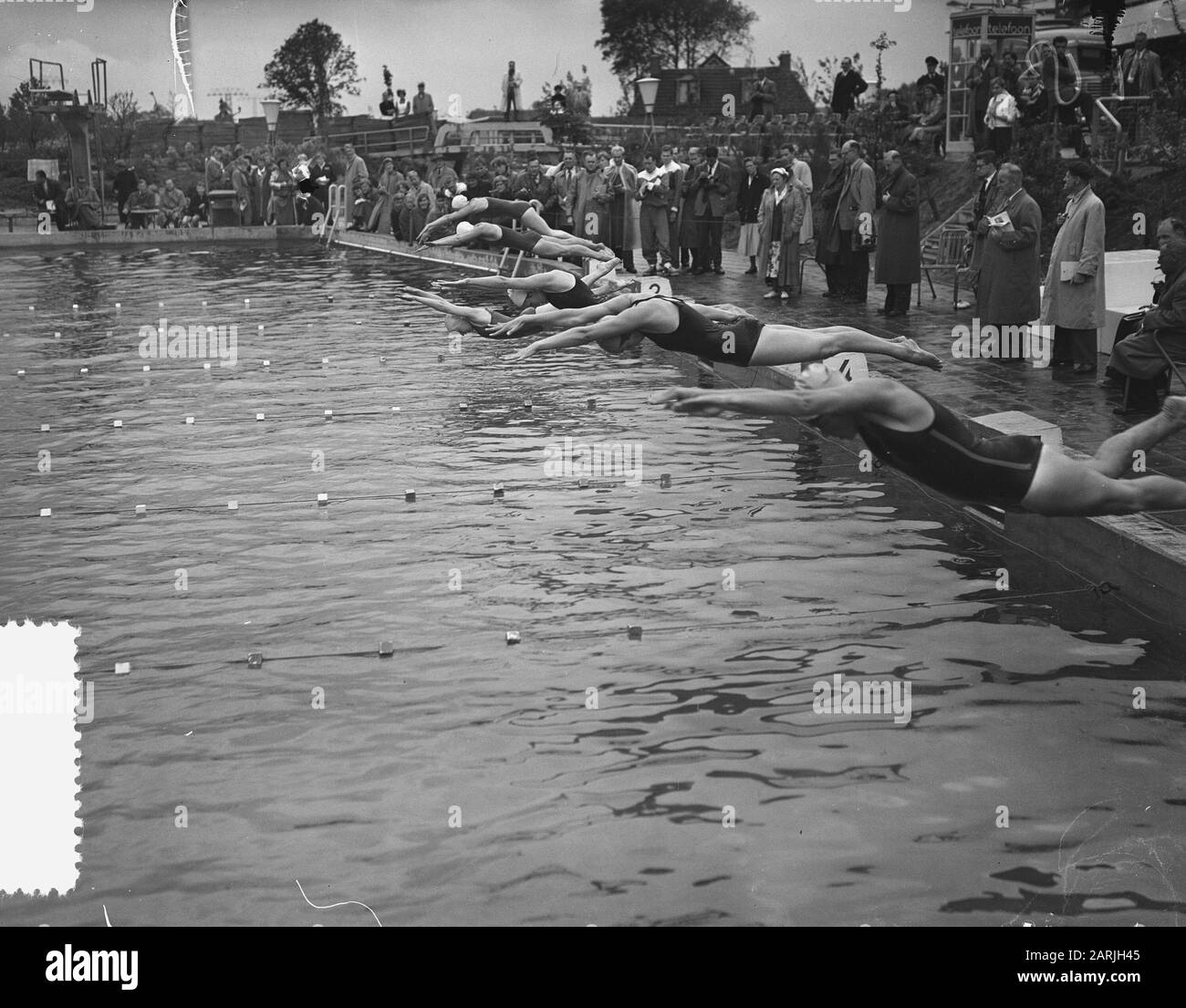 Schwimmmeisterschaft Niederlande Groningen, Start 100 m Freed Beat Damen Datum: 7. August 1955 Ort: Groningen Schlagwörter: Schwimmweltmeisterschaften Stockfoto