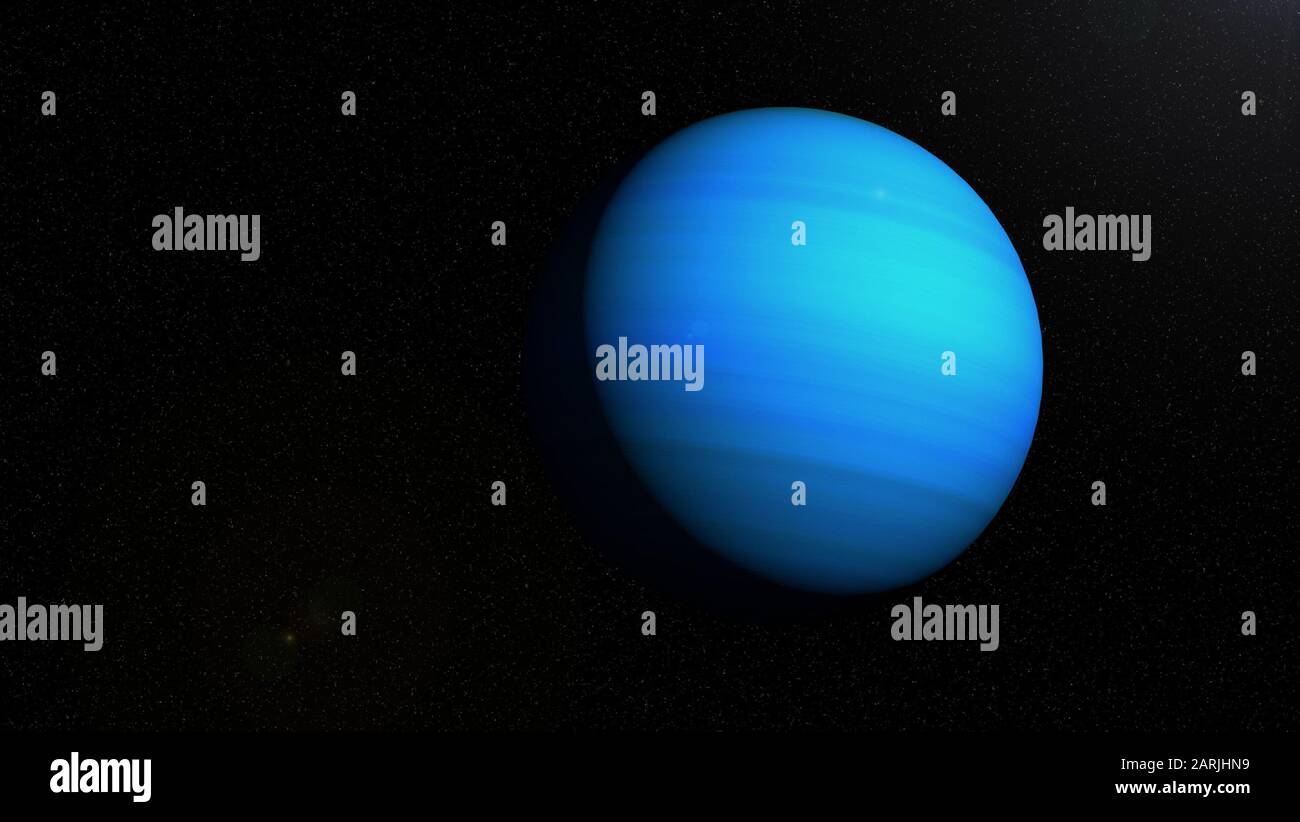 Blauer Gasriesen-Planet im All mit Sonnenbluren und Sternen im Hintergrund Stockfoto