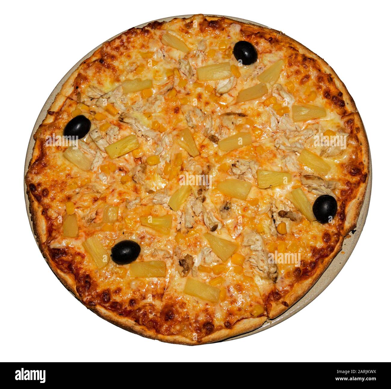 Huhn, Zuckermais, Ananas- und Olivenpizzen, Algarve, Portugal Stockfoto