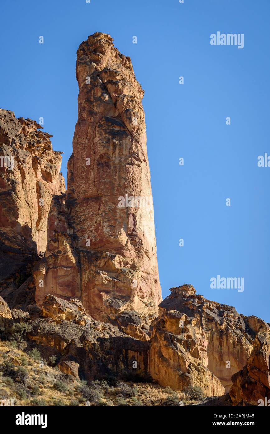 Felsformationen des vulkanischen Rhyolith Ascheflusses Tuff, der differentielle Erosion in Leslie Gulch im Südosten von Oregon zeigt. Stockfoto