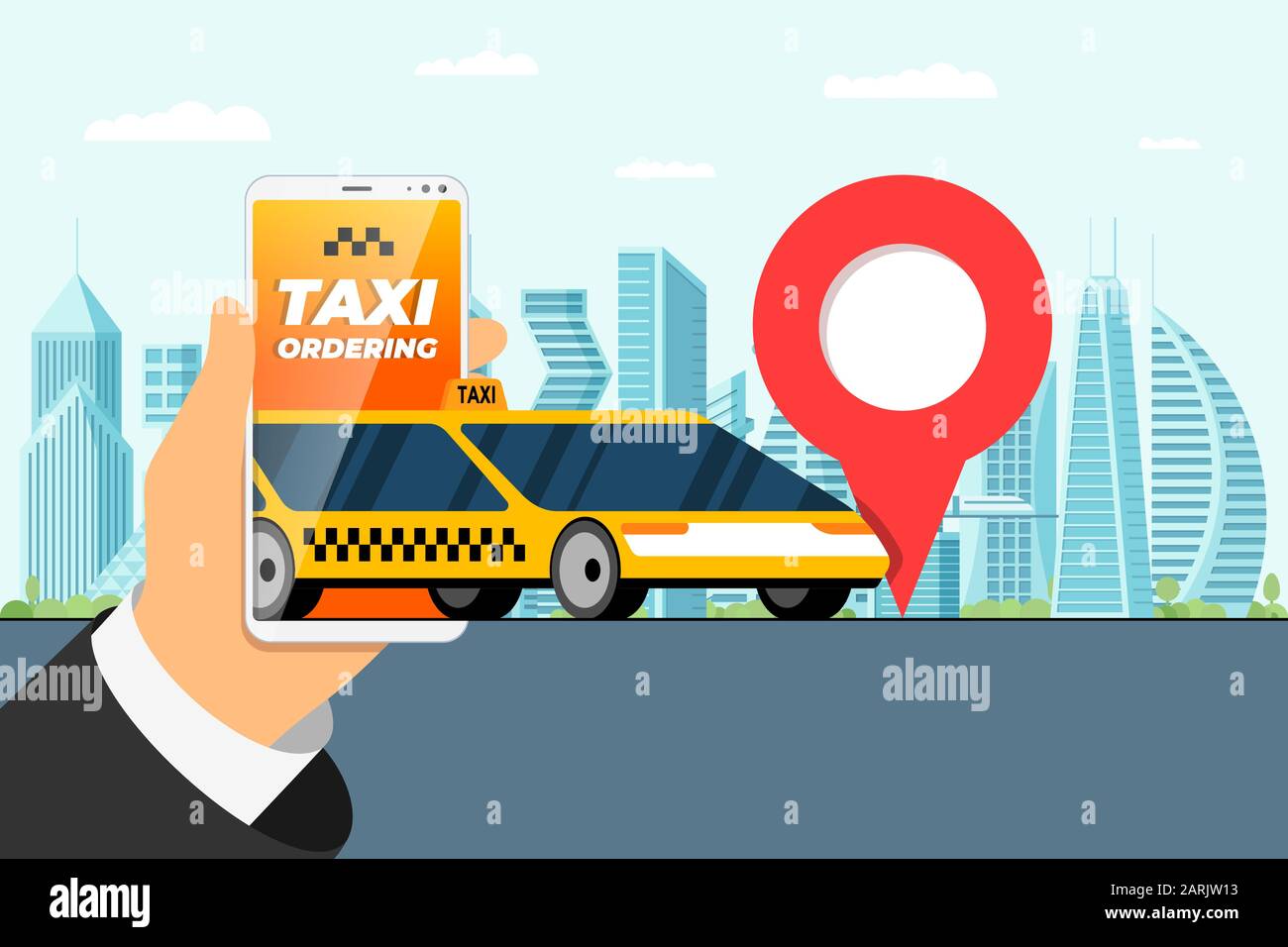 Taxi bestellen Service App Konzept. Hand hält Smartphone mit Geotag gps-Position PIN Ankunft Adresse auf der Stadt Straße und moderne gelbe Kabine. Online Taxicab Anwendung flache Vektor Illustration Stock Vektor