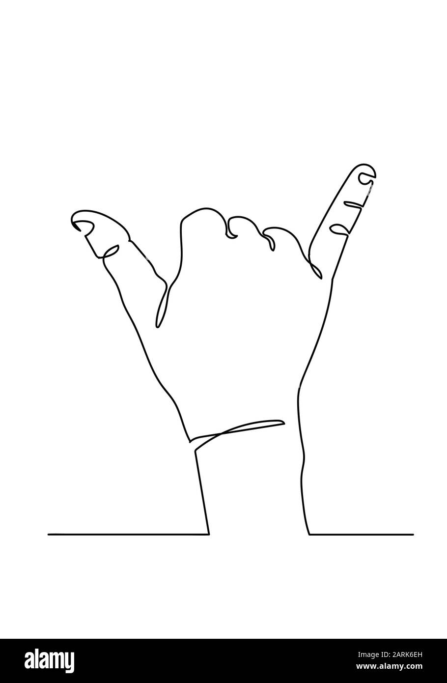 Durchgehende schwarze Umrandung Zeichnungslinie Kunstdarstellung der Hand mit Daumen und kleinem Finger. Stockfoto