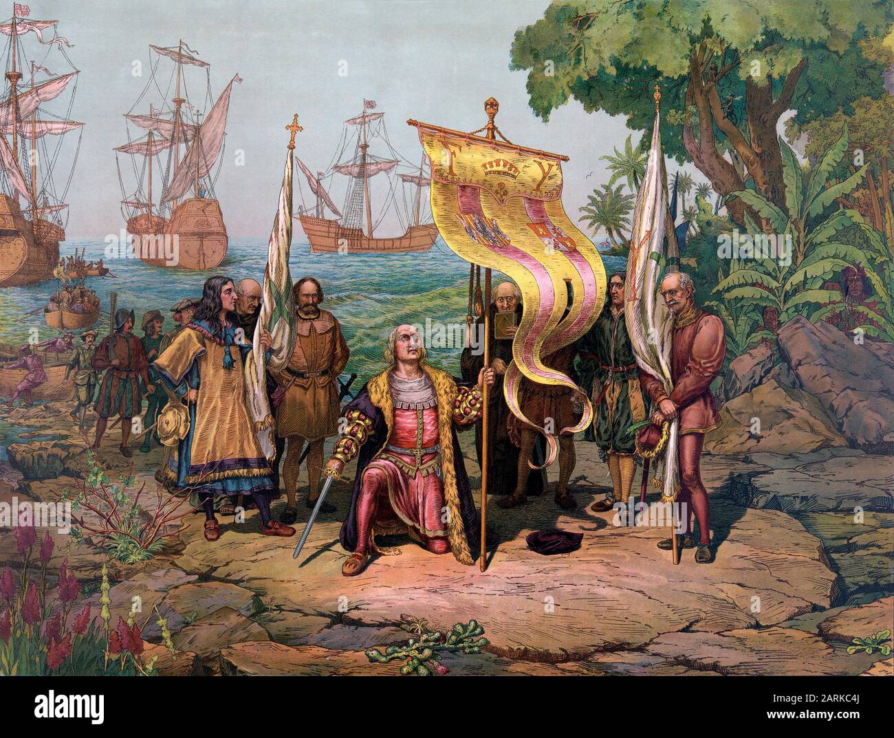 Kolumbus kommt in Amerika an Stockfoto