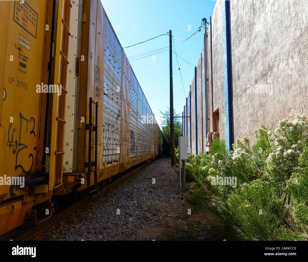 Ein schwinden der Sicht auf einen Zugwagen in der Nähe eines Gebäudes mit neuen Autos innerhalb der Transportwagen mit Graffiti, die Grenze von Mexiko überschritt Stockfoto