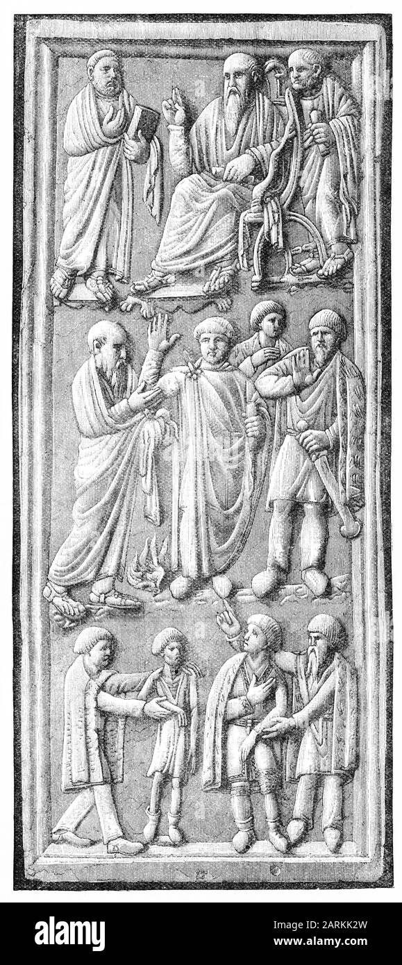 Gravur eines Blattes aus einem römischen Diptychon, der uralten Form einer Wachtablette zum Schreiben von Notizen oder sogar Verträgen. Dieses Blatt wäre mit einem anderen Blatt abgeglichen: Die geschnitzte Oberfläche zeigt zwei Szenen aus dem Leben des Apostels Paul. Stockfoto