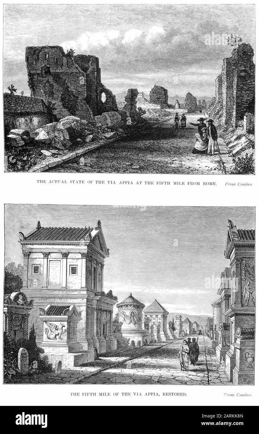 Gravur des Appian Way 8 km von Rom, vor und nach den Wiederherstellungsarbeiten Stockfoto