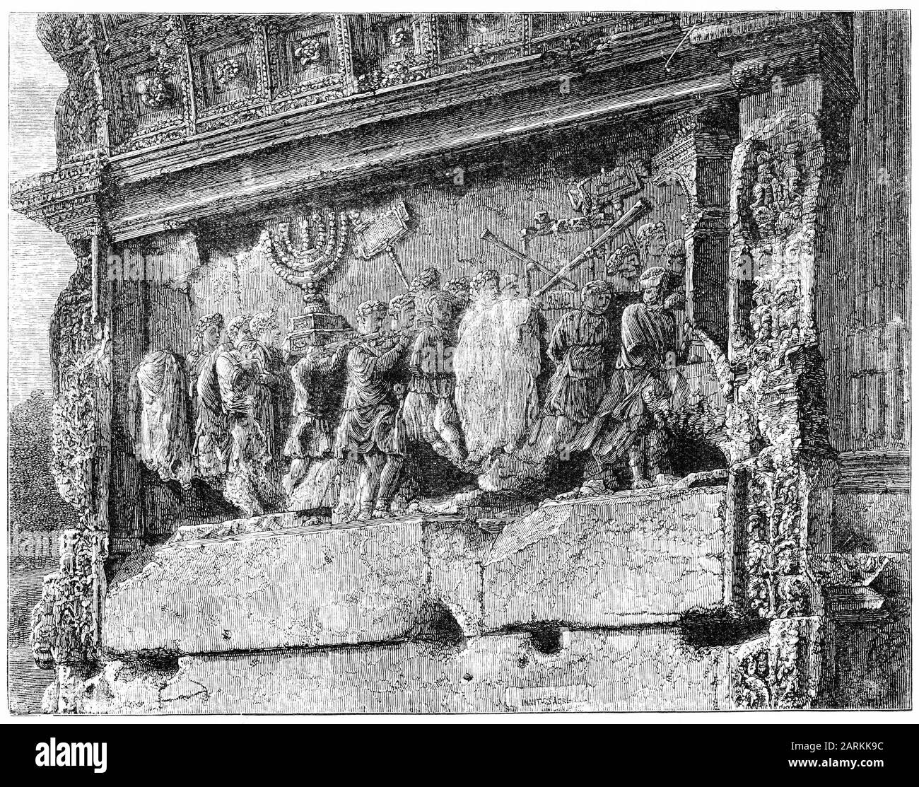 Gravur der römischen Aufzeichnungen über die Zerstörung Jerusalems, die in den Titusbogen eingemeißelt wurden und Soldaten zeigen, die heilige Gegenstände aus Herodes Tempel - den Kerzenleuchter, einen Tisch mit Schewbrot und Trompete - abtragen. Stockfoto