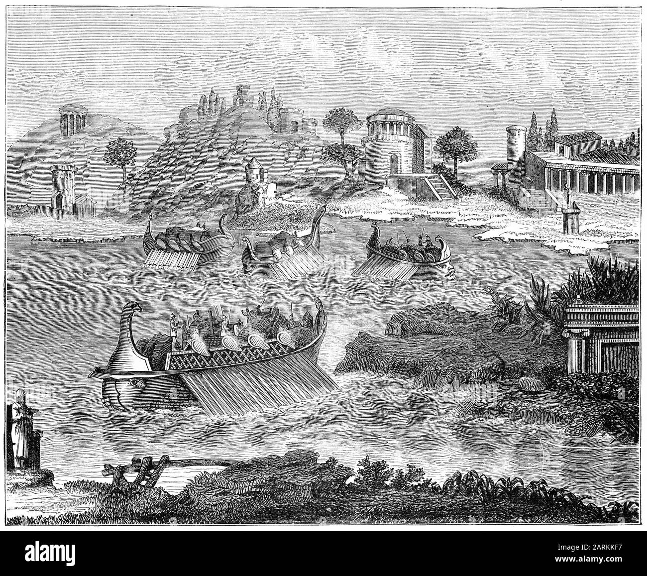 Gravur eines Bildes aus einem Haus in Herculaneum, das römische Schiffe mit Augen auf den Prow zeigt. Dies erklärt eine Passage im Lukas-Gospel, in der Schiffe "ins Auge sehen" oder dem Wind gegenüberstehen sollen. Stockfoto