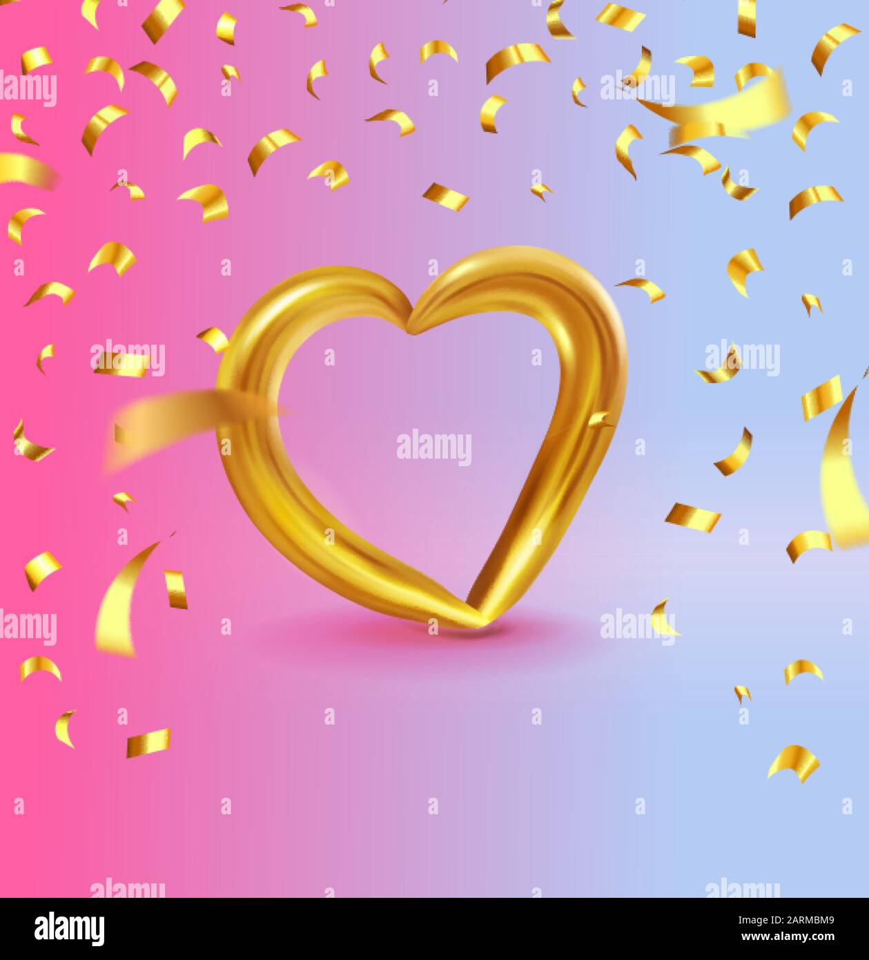 Realistisches Goldmetall-Herz mit herabfallendem goldenem Konfetti. Vektor Valentines Herz auf modernem Farbverlaufshintergrund. Vektordarstellung EPS 10 Stock Vektor
