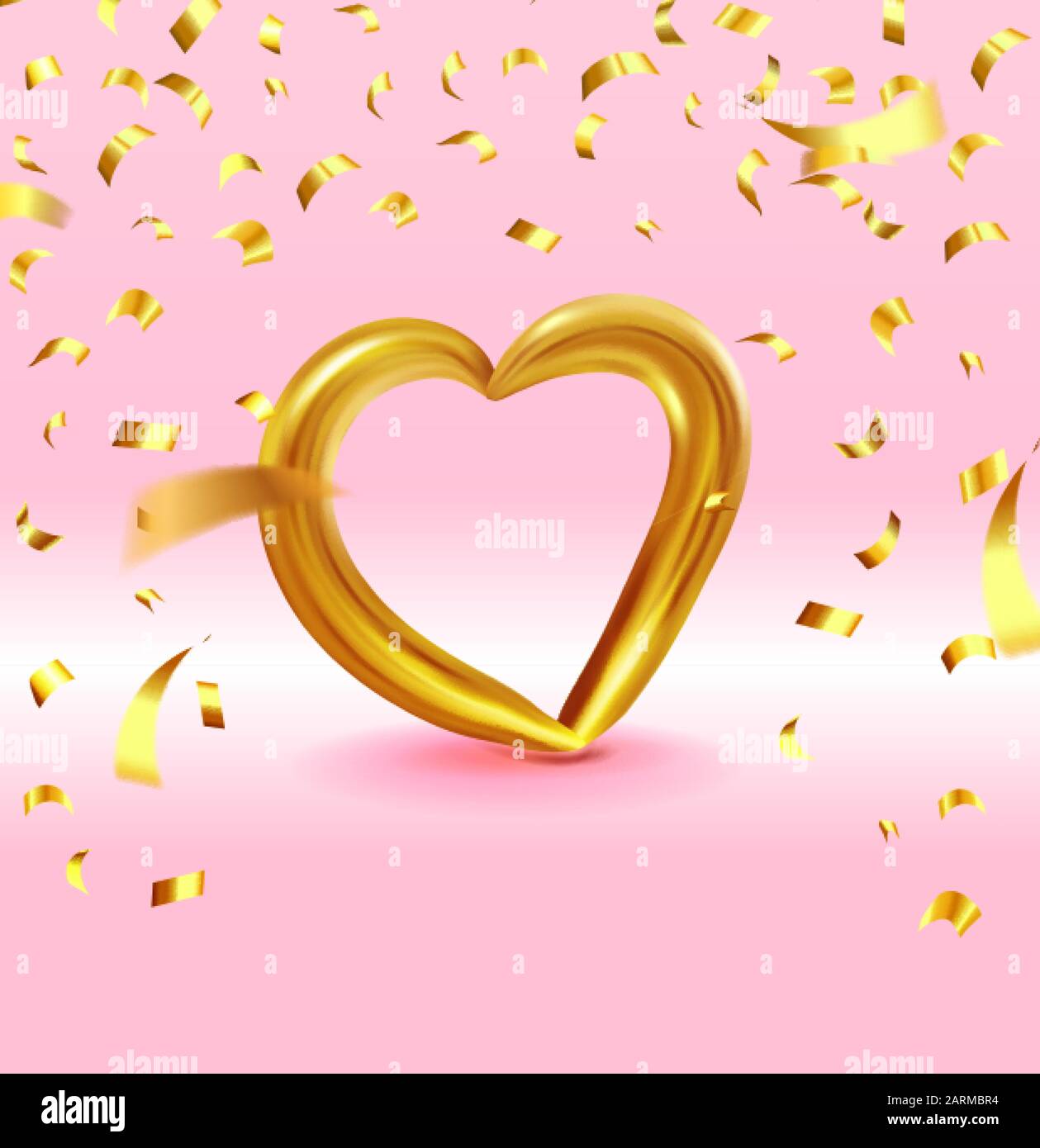 Realistisches Goldmetall-Herz mit herabfallendem goldenem Konfetti. Vektor Valentines Herz auf rosa Hintergrund. Vektordarstellung EPS 10 Stock Vektor
