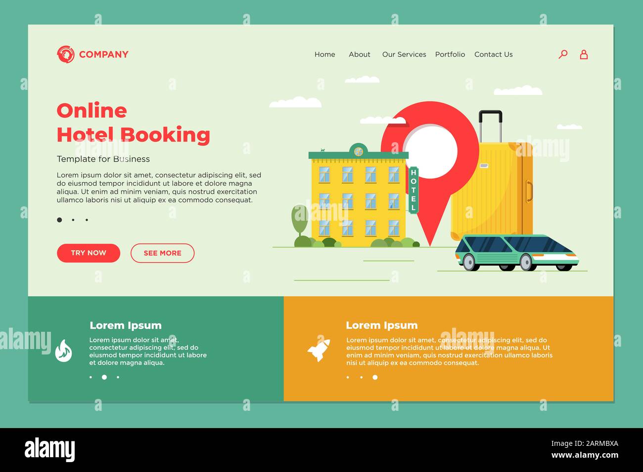 Hotel Buchung und Car Sharing Online-Service für Urlaub Tourismus Landing Page Vorlage. Reise Wohnung Transport Reservierung Web-Design. Motel Gepäck Koffer und Standort Pin Vektor-Illustration Stock Vektor