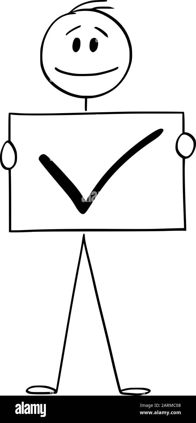 Vector Cartoon Stick Figure Zeichnung konzeptionelle Illustration von Mann oder Geschäftsmann mit einem Häkchen, einem positiven Symbol von Ja oder richtig oder akzeptieren. Stock Vektor