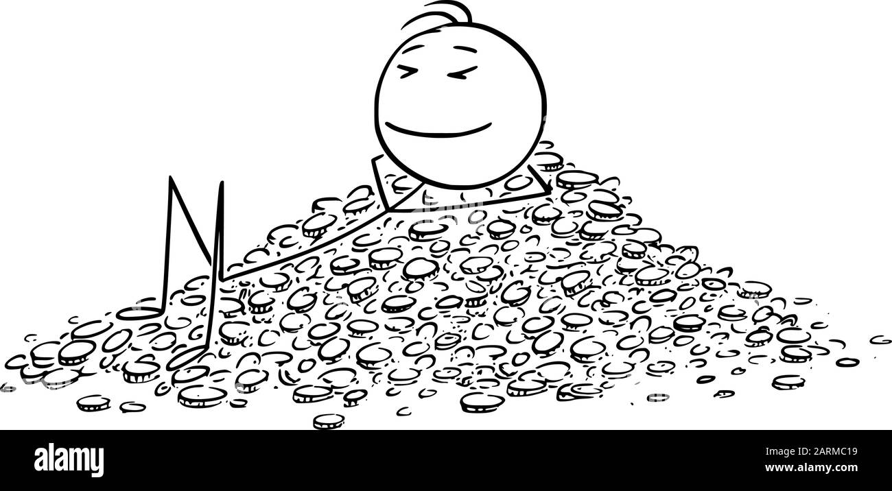 Vector Cartoon Stick Figure Zeichnung konzeptionelle Illustration von erfolgreichen Menschen oder Geschäftsleuten genießen Entspannung beim liegen auf Geldhaufen oder Münzen. Konzept des Bankwesens oder der Spareinlagen. Stock Vektor