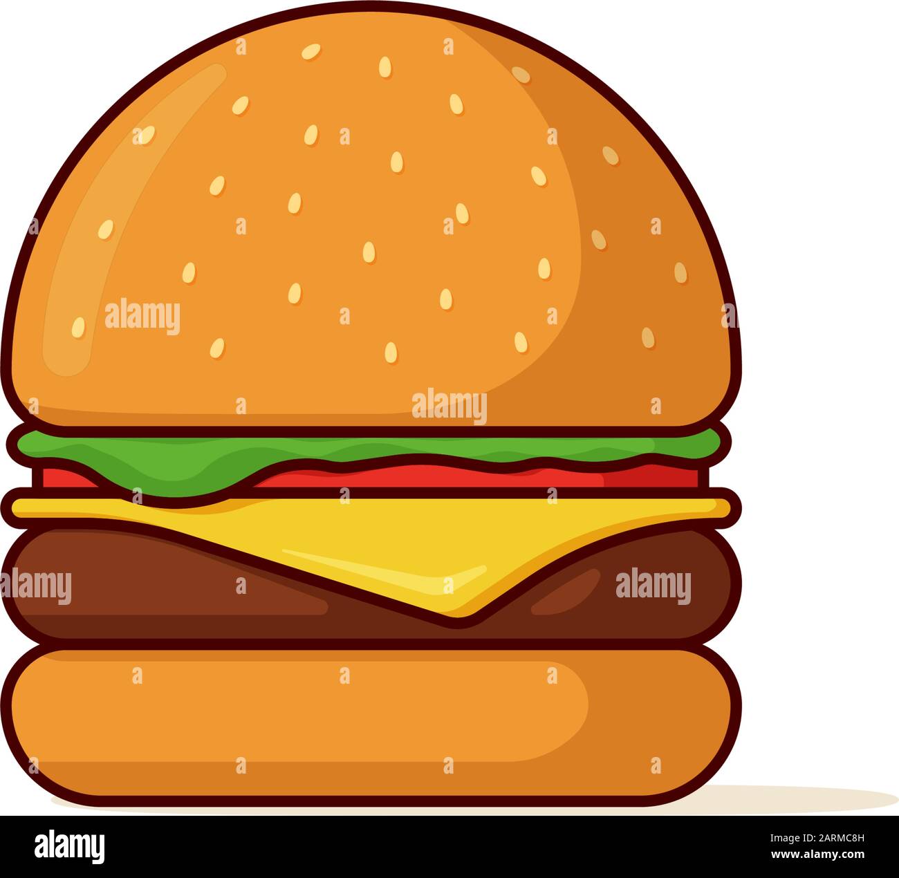 Burger Fast Food isoliert. Hamburger mit Tomatenbogen Grüns saftig gebratenes Rindfleisch Schnitzel Käse Scheibe in goldenem Brötchen mit Sauce. Cheeseburger Fastfood flache Vektor Umriss Illustration Stock Vektor