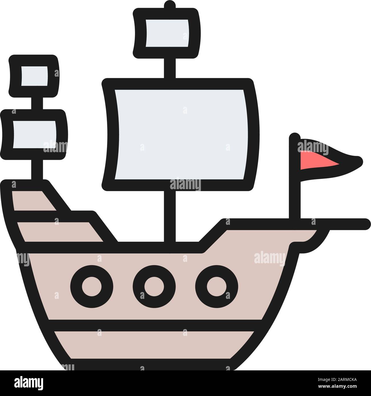 Altes Schiff, Segelschiff, Piraten transportieren Flat Color Line Icon. Stock Vektor