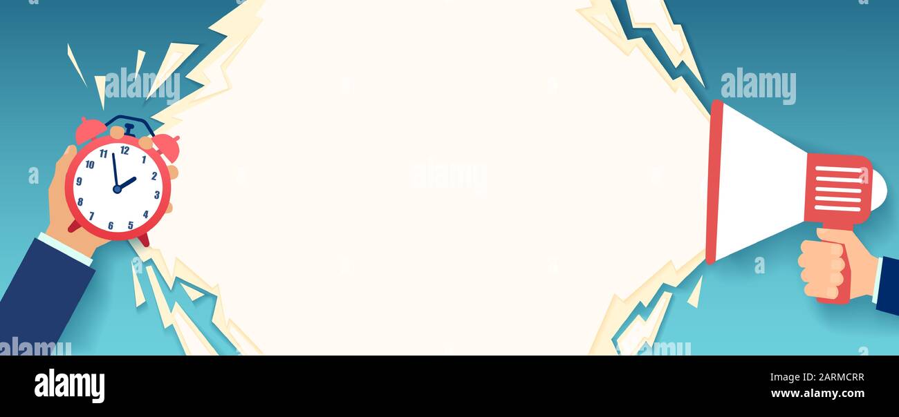 Vektor eines klingelnden Weckers und eines Megafons in den Händen zweier Geschäftsleute. Stock Vektor