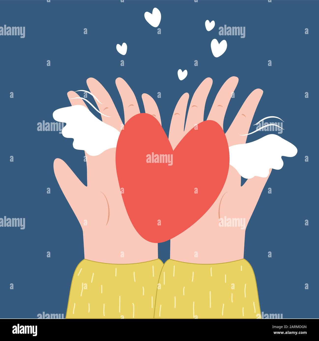 Zwei Hande Halten Ein Herz Mit Flugeln Vektor Cartoon Illustration Top View Valentinstag Liebe Beziehung Symbol Fur Wohltatigkeitsorganisation Stock Vektorgrafik Alamy