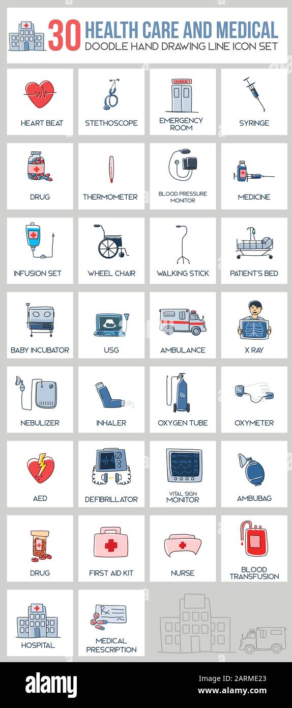 30 Symbole des medizinischen, handgezeichneten, flachen Symbolsatzes und der medikamentösischen Doodle schlechte Zeichendarstellung Stock Vektor