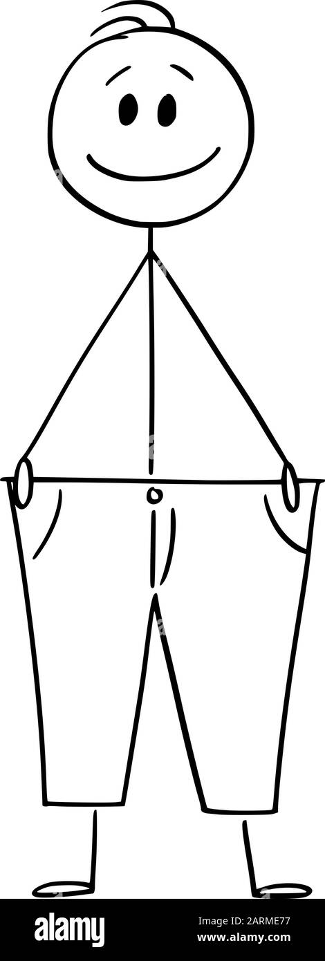 Vector Cartoon Stick Figure Zeichnung konzeptionelle Illustration von schlank, dünn oder dünn Mann in großen Hosen. Konzept oh gesunder Lebensstil, Ernährung und Gewichtsverlust. Stock Vektor