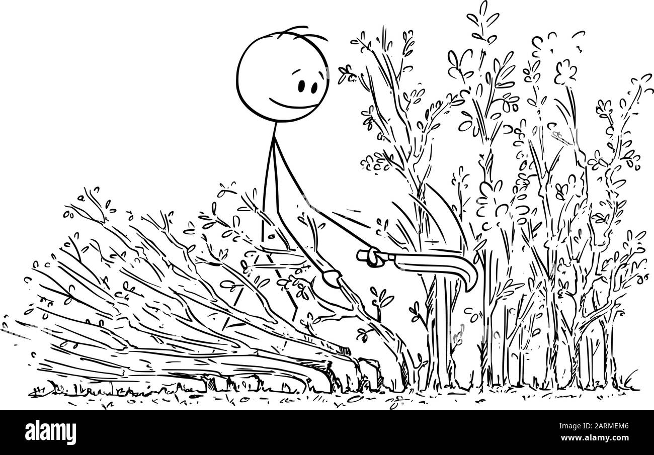 Vector Cartoon Stick Figure Zeichnung konzeptionelle Illustration von Mann oder Gärtner, die traditionelle Hecke auf dem Land in England legen. Stock Vektor